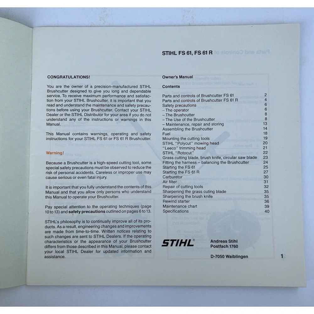 Stihl FS 61, FS 61 R‎ Brushcutter WeedWhacker Instruction Owner Operator Manual